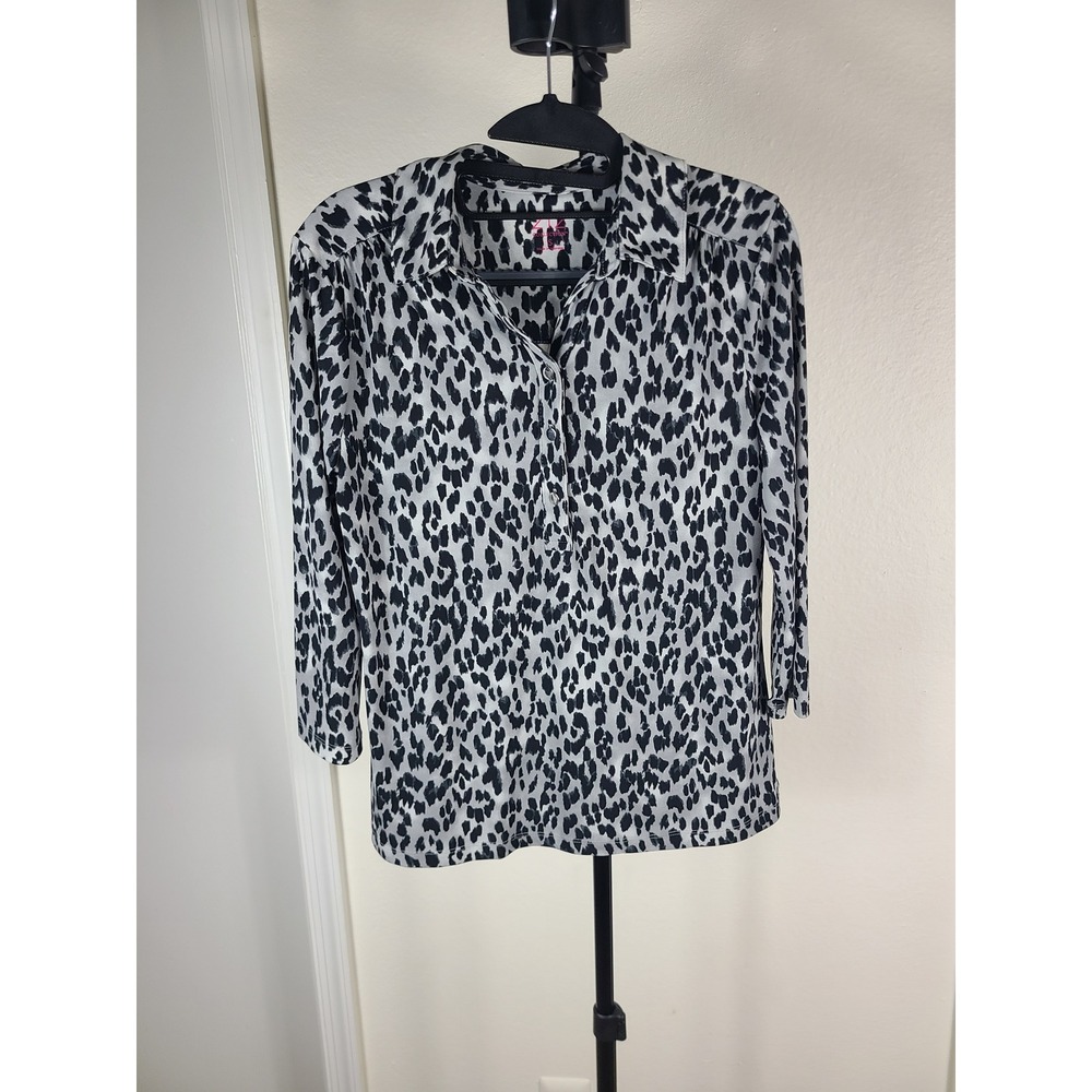 212 Collection Womens Grey Black Animal Print 3/4 Sleeve Blouse Top Small